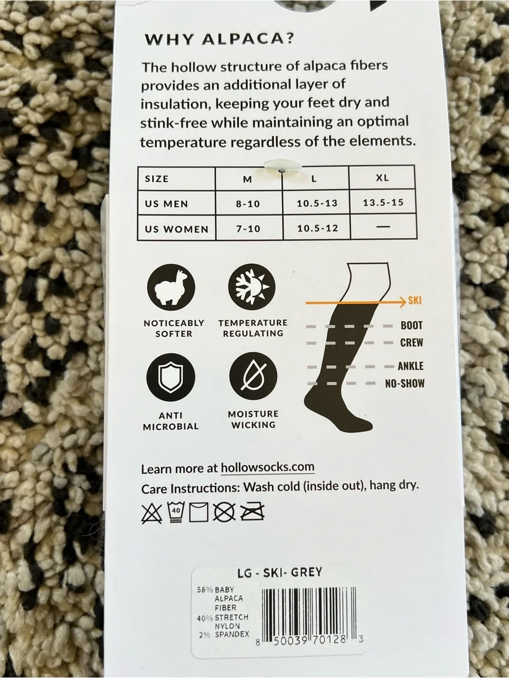 Hollow Alpaca Ski Socks All Day Warmth Grey Size Large